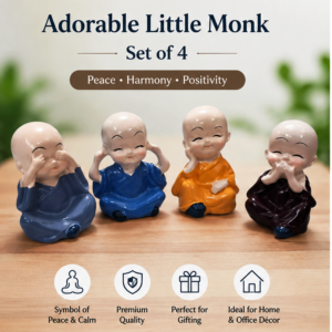 Set of 4 Mini Laughing Monk Buddha Figurines | Cute Decorative Showpiece for Home, Office & Car Dashboard