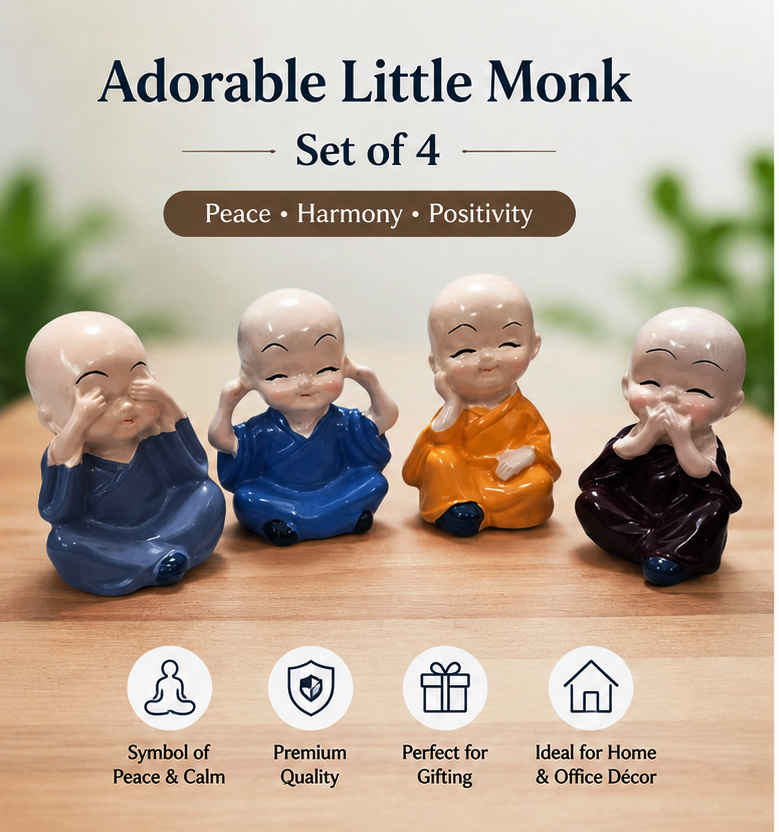 Set of 4 Mini Laughing Monk Buddha Figurines | Cute Decorative Showpiece for Home, Office & Car Dashboard