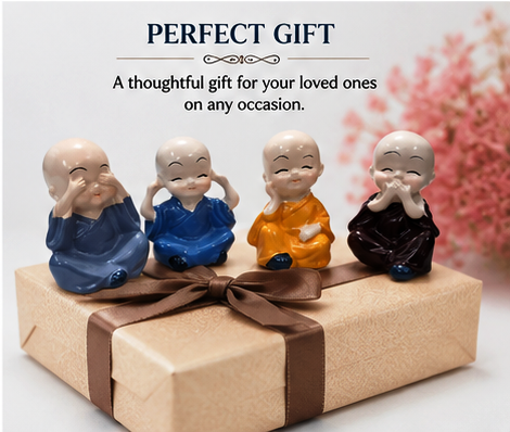 Set of 4 Mini Laughing Monk Buddha Figurines | Cute Decorative Showpiece for Home, Office & Car Dashboard - Image 4